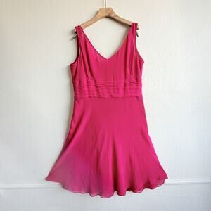 Ann Taylor Wedding Guest Silk Fit Flare Midi Dress Pink Pleated Waist 14